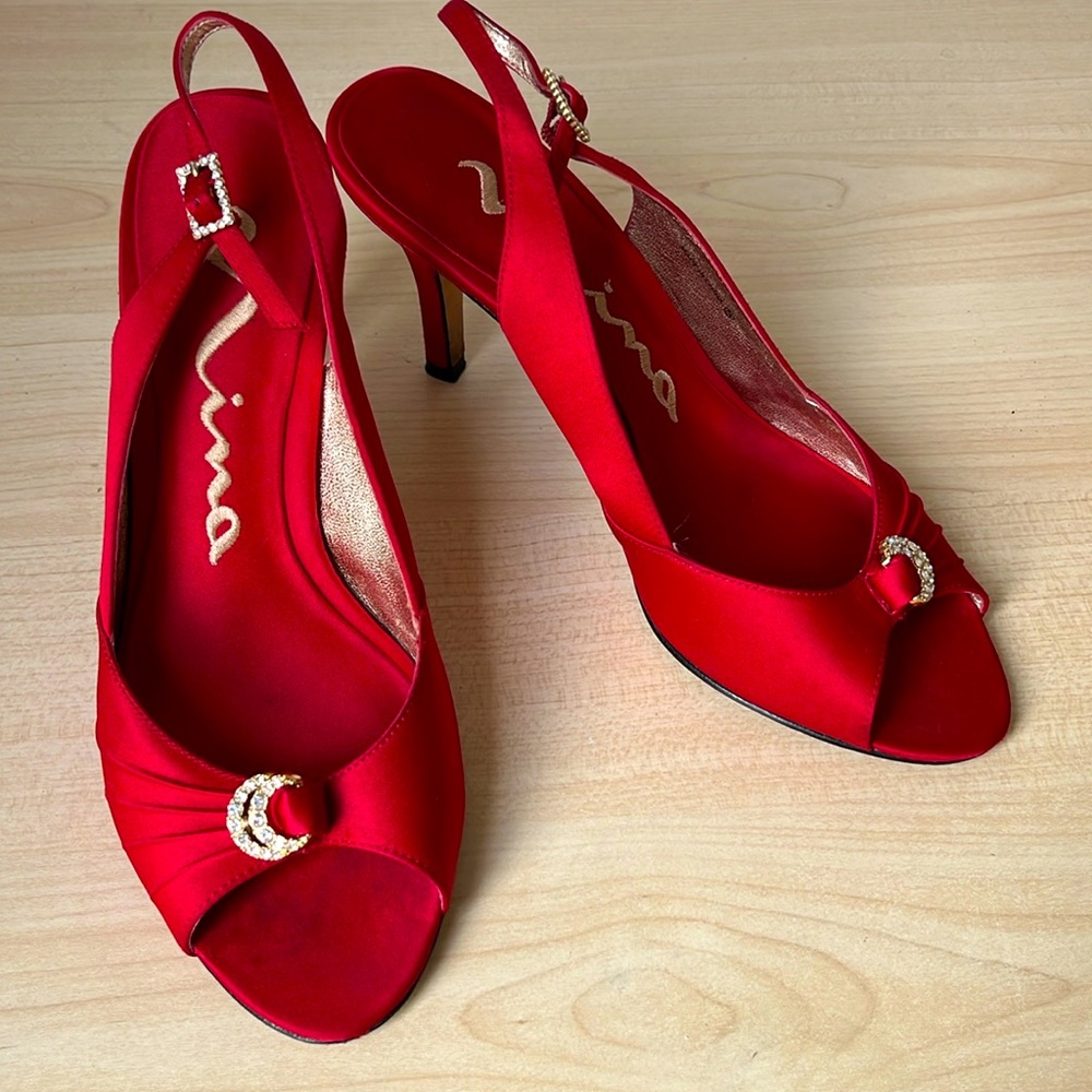 Red Silk Peep Toe Slingback Holiday Heels